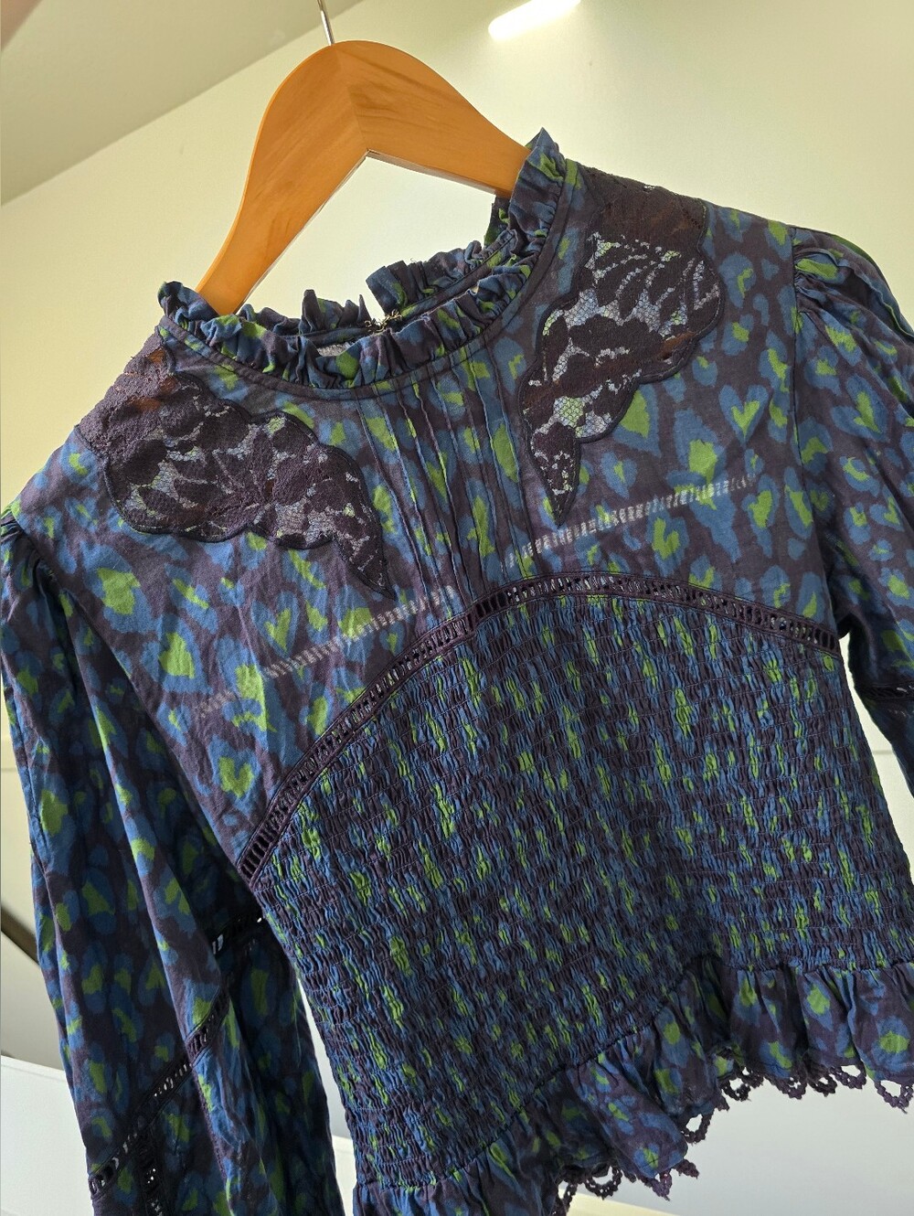 FARM Rio Blue and Green Smocked Peplum Blouse - Picture 11 of 15